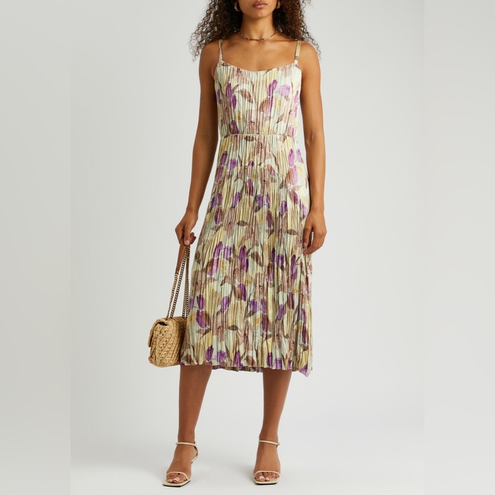 Vince Nouveau Magnolia Plisse Satin Midi Dress